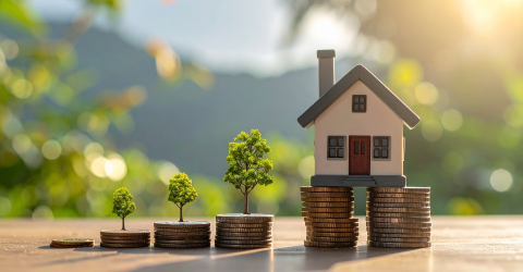 Stapels muntgeld die groter worden met boompjes erop en aan het einde een huis